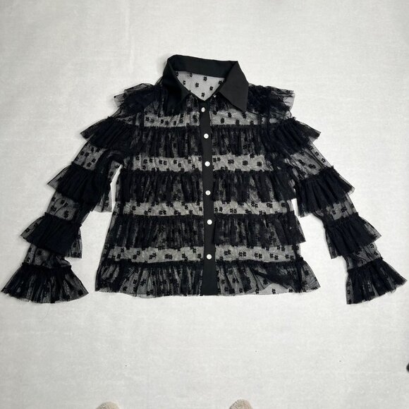Black Mesh Floral Ruffle Layered See-Through Long Sleeve Button-Up Shirt - Picture 7 of 8